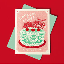 Load image into Gallery viewer, Let&#39;s Eat Cake Cat - Risograph Birthday Card
