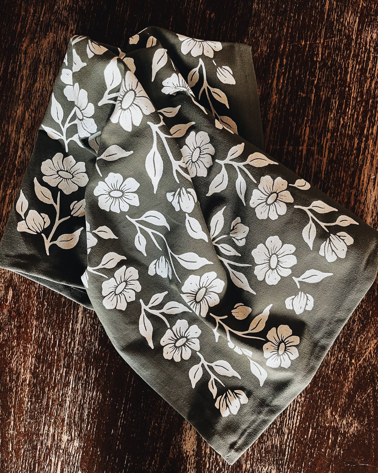 Organic Cotton Tea Towel Kitchen Accessories Floral on Olive