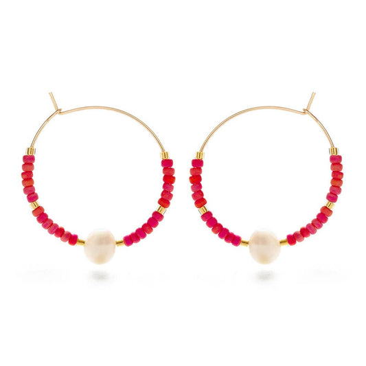 Pearl Bead Hoop Earrings: Rainbow Coral