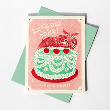 Load image into Gallery viewer, Let&#39;s Eat Cake Cat - Risograph Birthday Card
