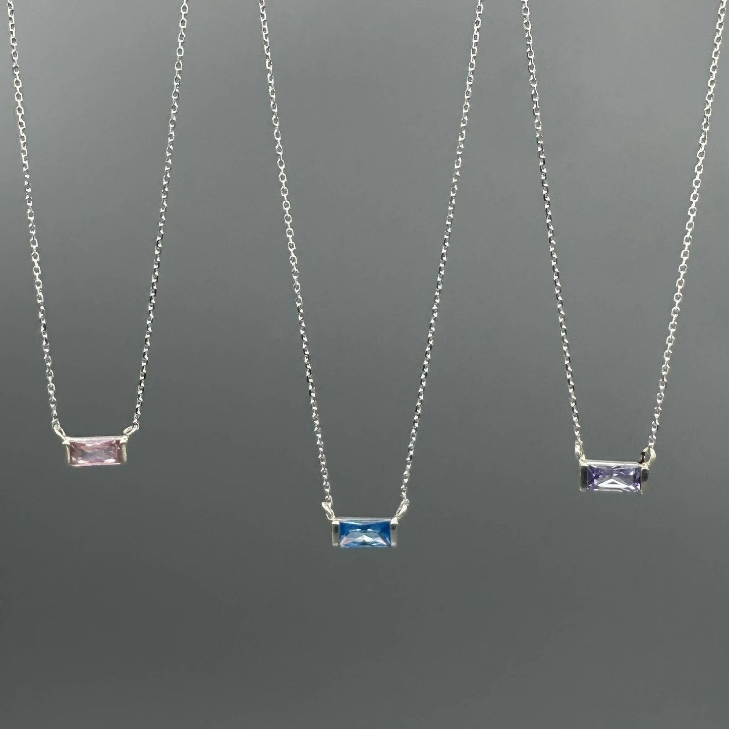 Baguette Birthstone Necklaces in Silver: February