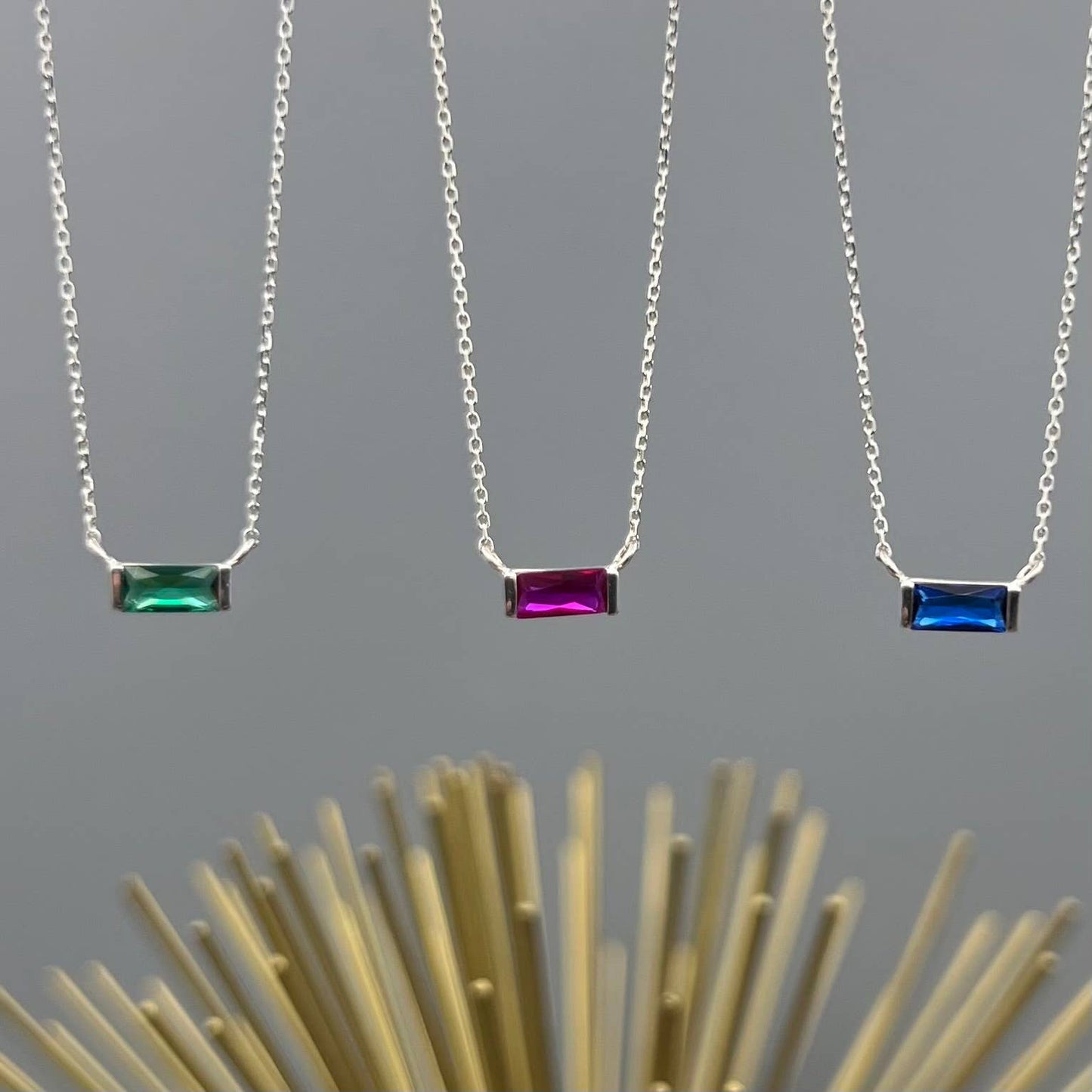 Baguette Birthstone Necklaces in Silver: February