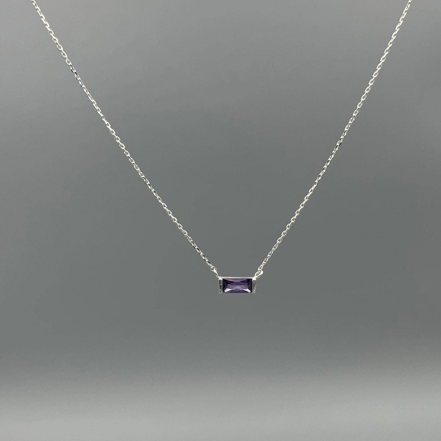 Baguette Birthstone Necklaces in Silver: February