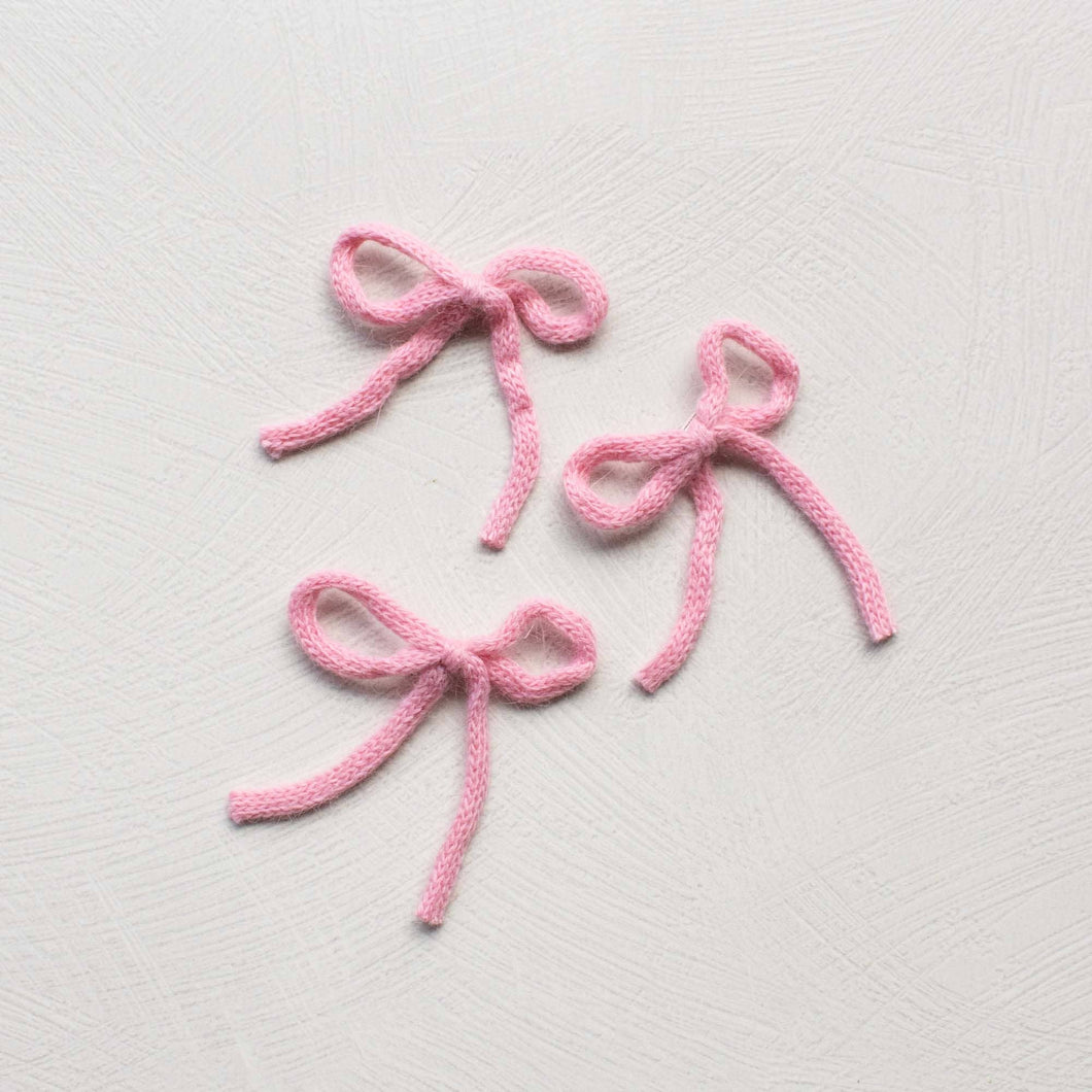 Short Angora Knit Ribbon Hair Bow Pin Set: Pink