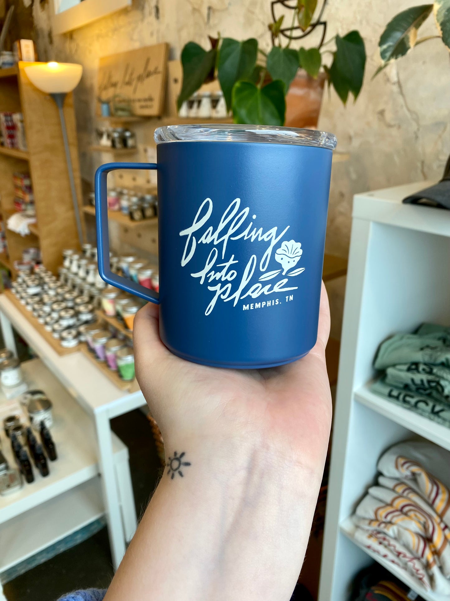 Falling Into Place Camper Mug- Blue