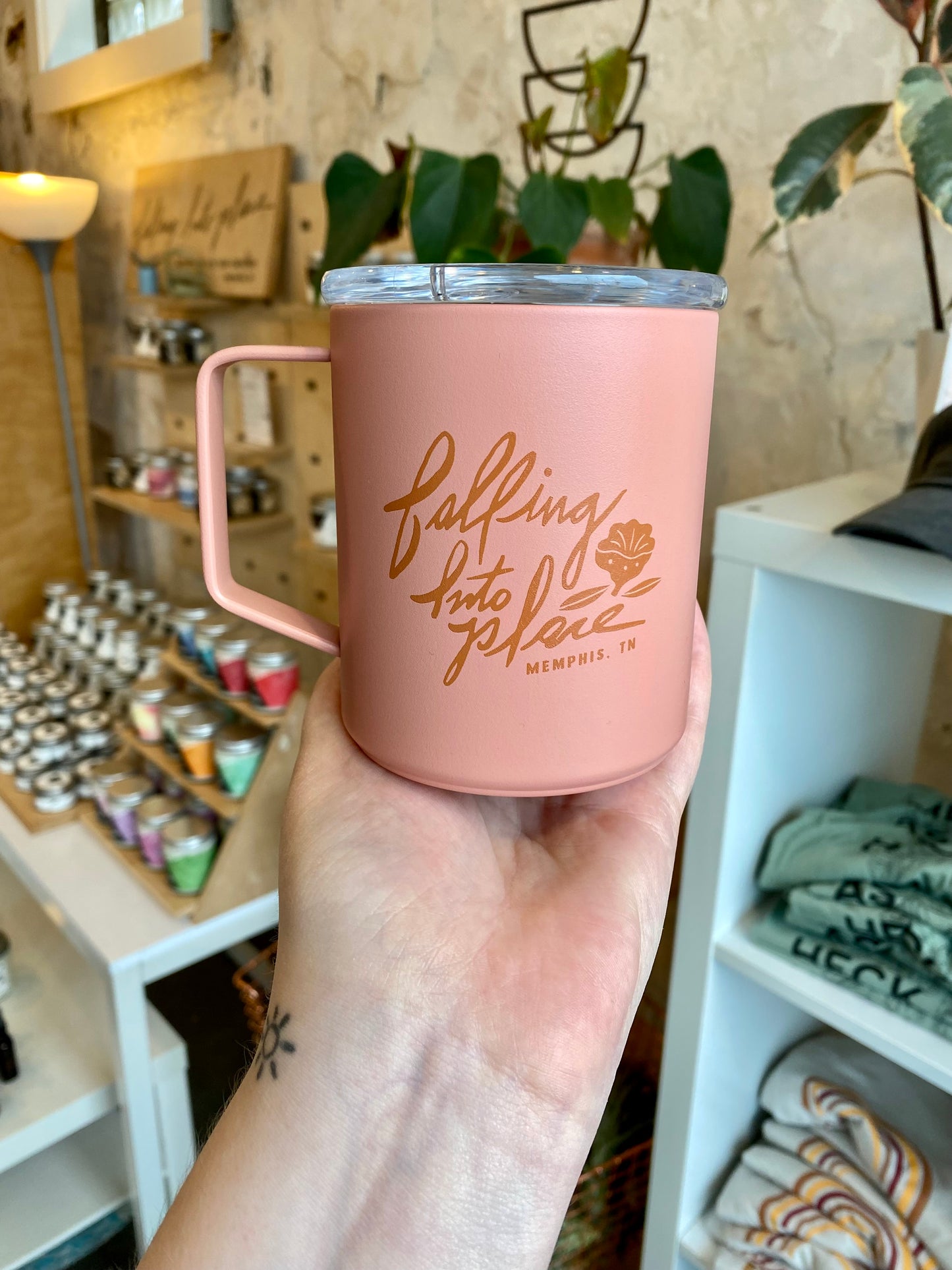 Falling Into Place Camper Mug- Pink